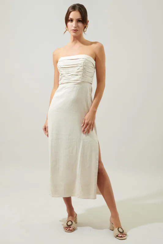 Morro Bay Strapless Ruched Midi Dress sold by Sugarlips
