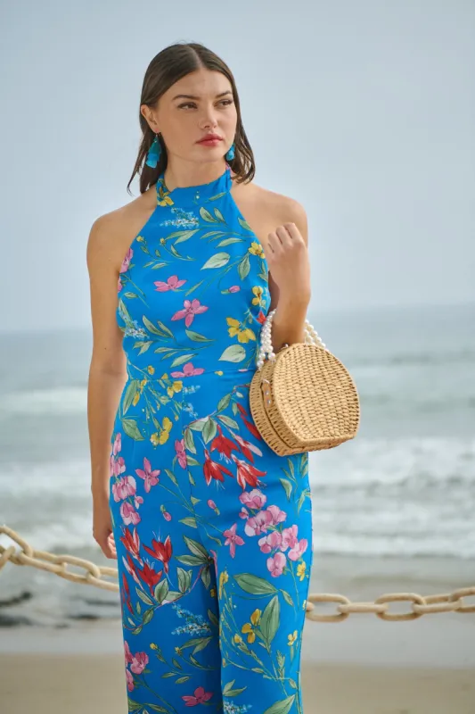 Fiona Floral After Hours Backless Halter Jumpsuit made by Sugarlips