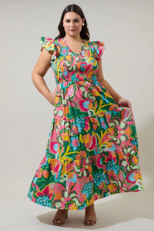 Lanai Multi Tropics Sunfire Smocked Bodice Tiered Midi Dress Curve sold by Sugarlips