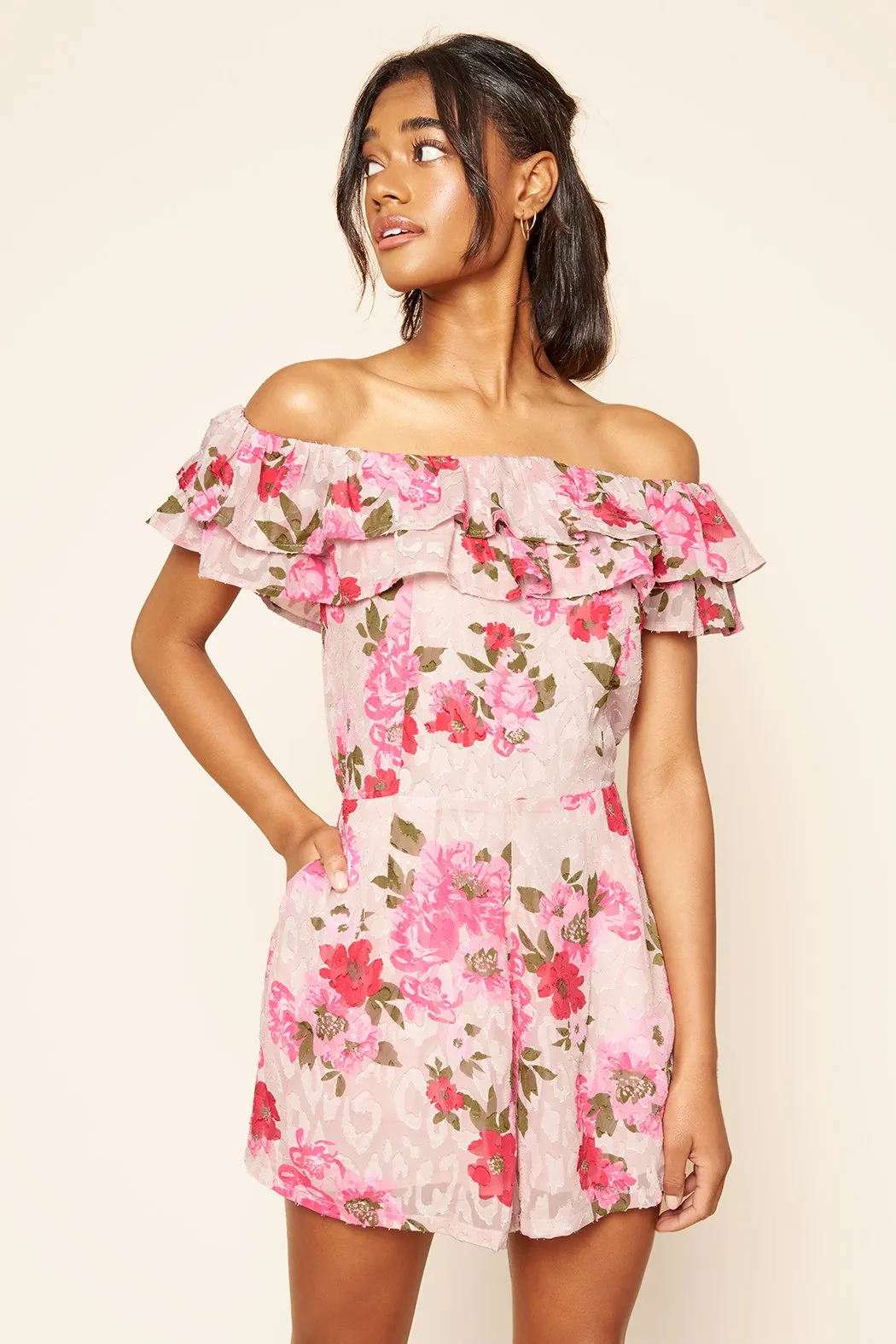 Celia Floral Off the Shoulder Ruffled Romper sold by Sugarlips product image thumbnail 2