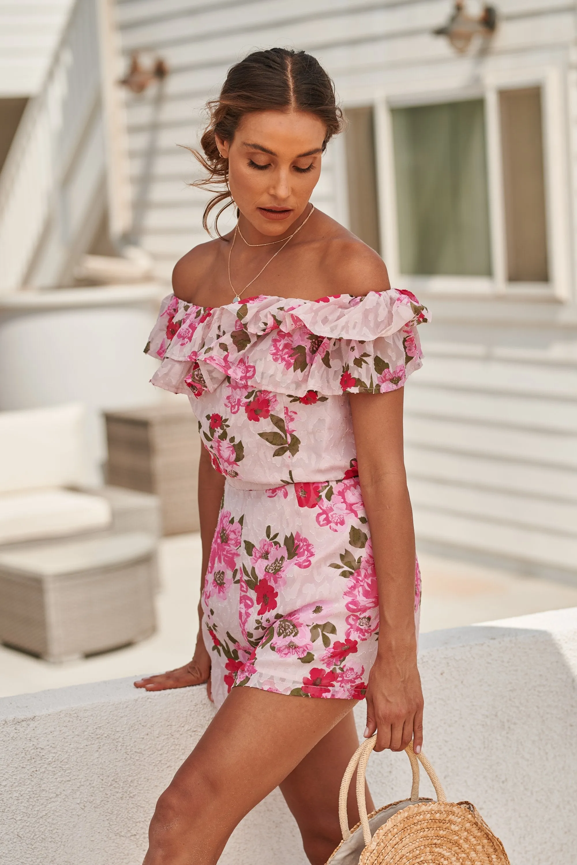 Celia Floral Off the Shoulder Ruffled Romper sold by Sugarlips