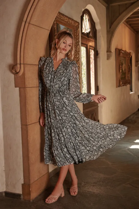 Alina Snake Print Tiered Midi Dress sold by Sugarlips