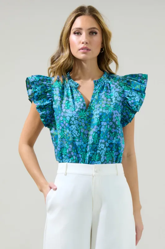 Midnight Floral Risette Ruffle Split Neck Top sold by Sugarlips