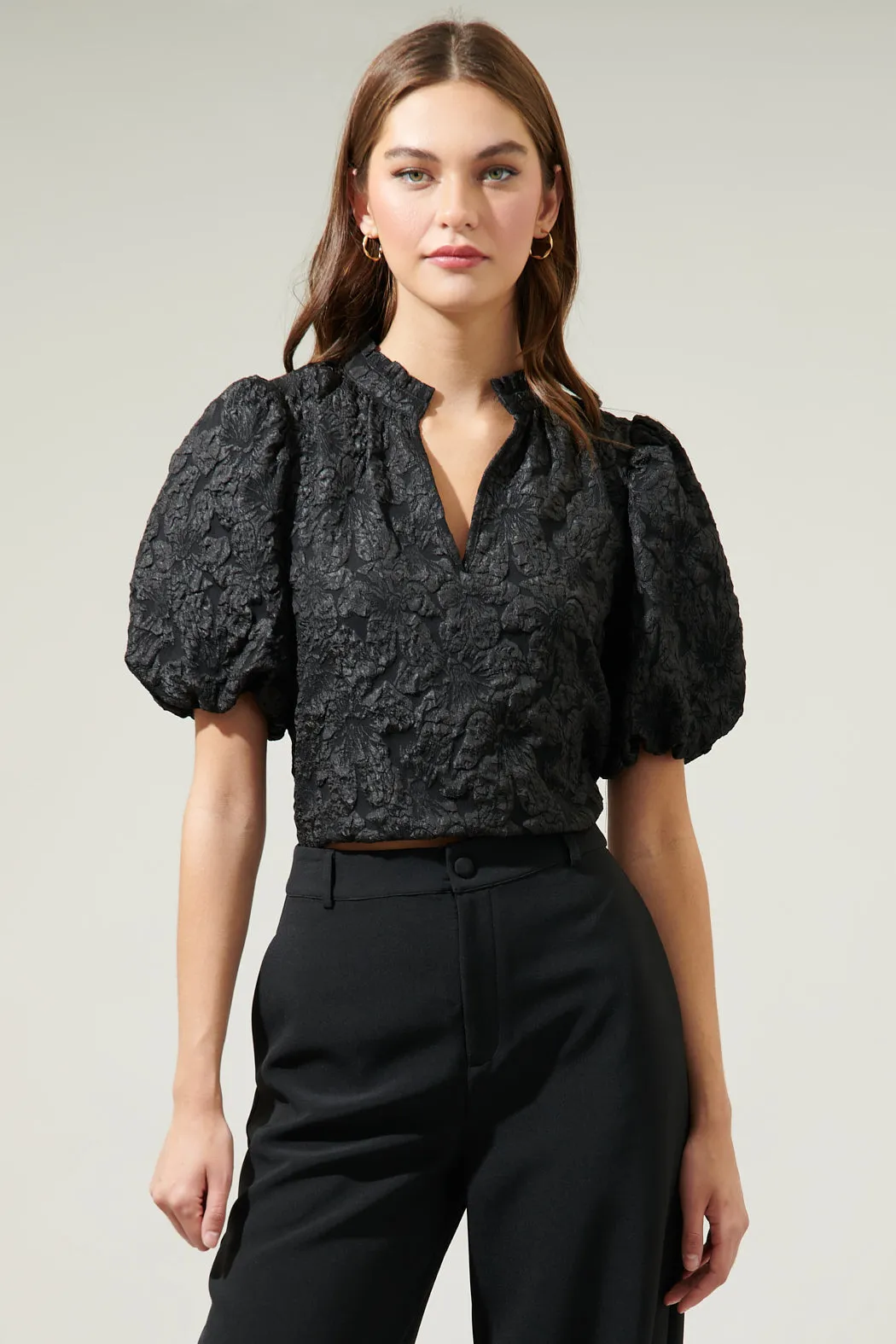 Arielle Jacquard Split Neck Top sold by Sugarlips