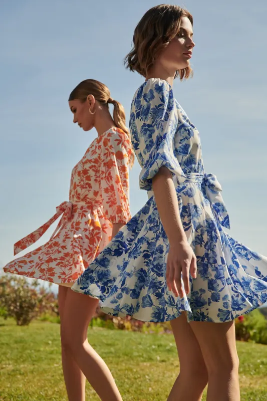 Antoinette Blue Floral Collins Godet Mini Dress made by Sugarlips