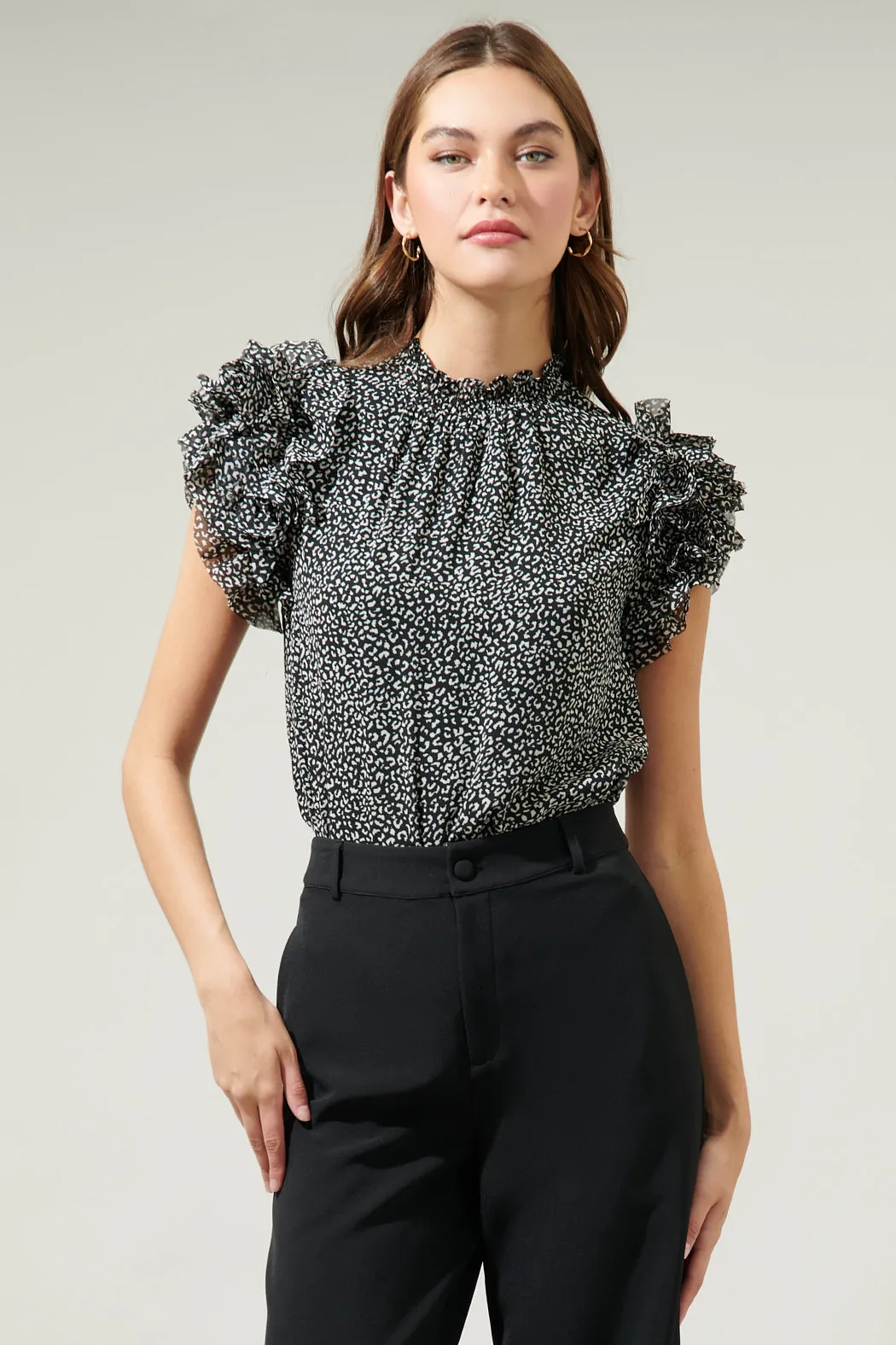Louise Leopard Brenna Mock Neck Ruffle Blouse sold by Sugarlips