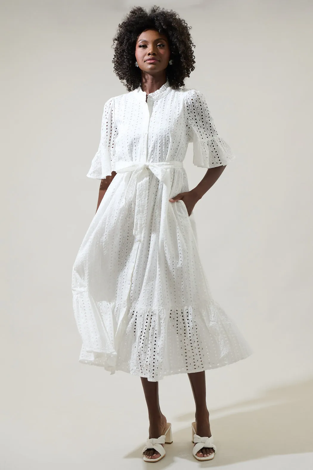 Kaylie Eyelet Pem Button Down Midi Dress sold by Sugarlips
