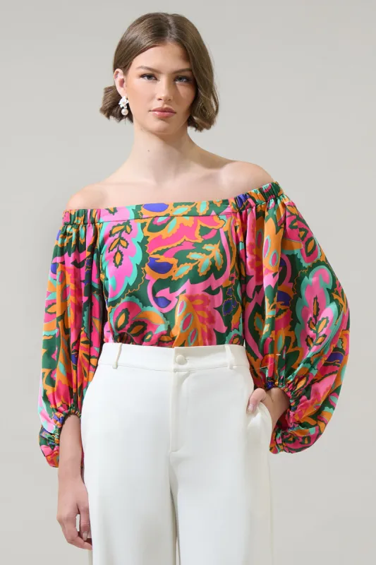 Lilia Tropical Floral Off the Shoulder Balloon Sleeve Top sold by Sugarlips