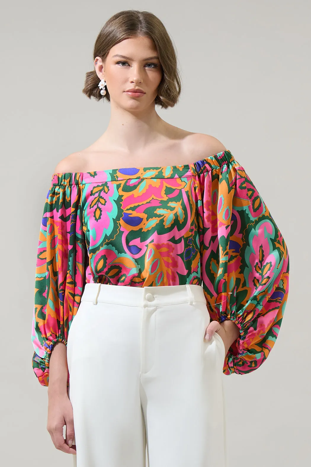 Lilia Tropical Floral Off the Shoulder Balloon Sleeve Top sold by Sugarlips