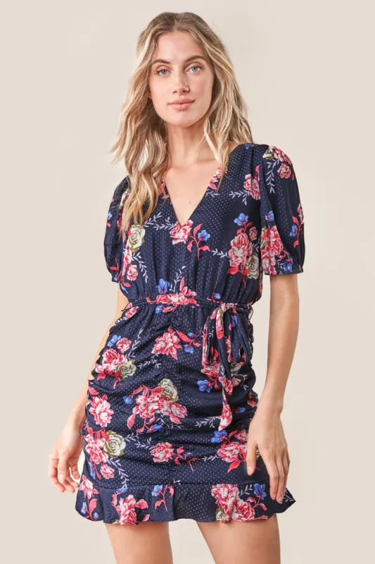 Elsa Floral Print Ruched Mini Dress sold by Sugarlips