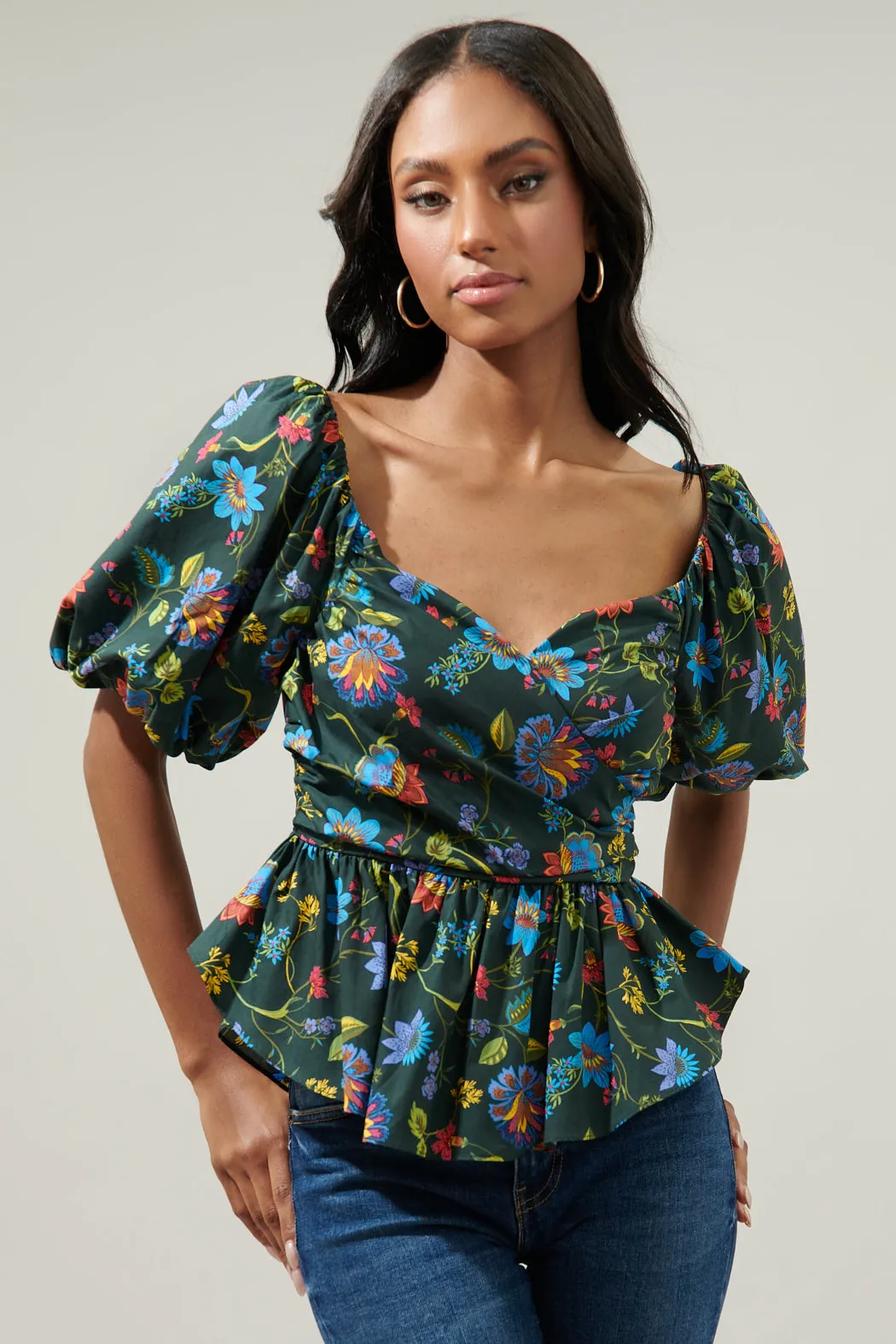 Topeaka Floral Theodora Surplice Peplum Blouse sold by Sugarlips