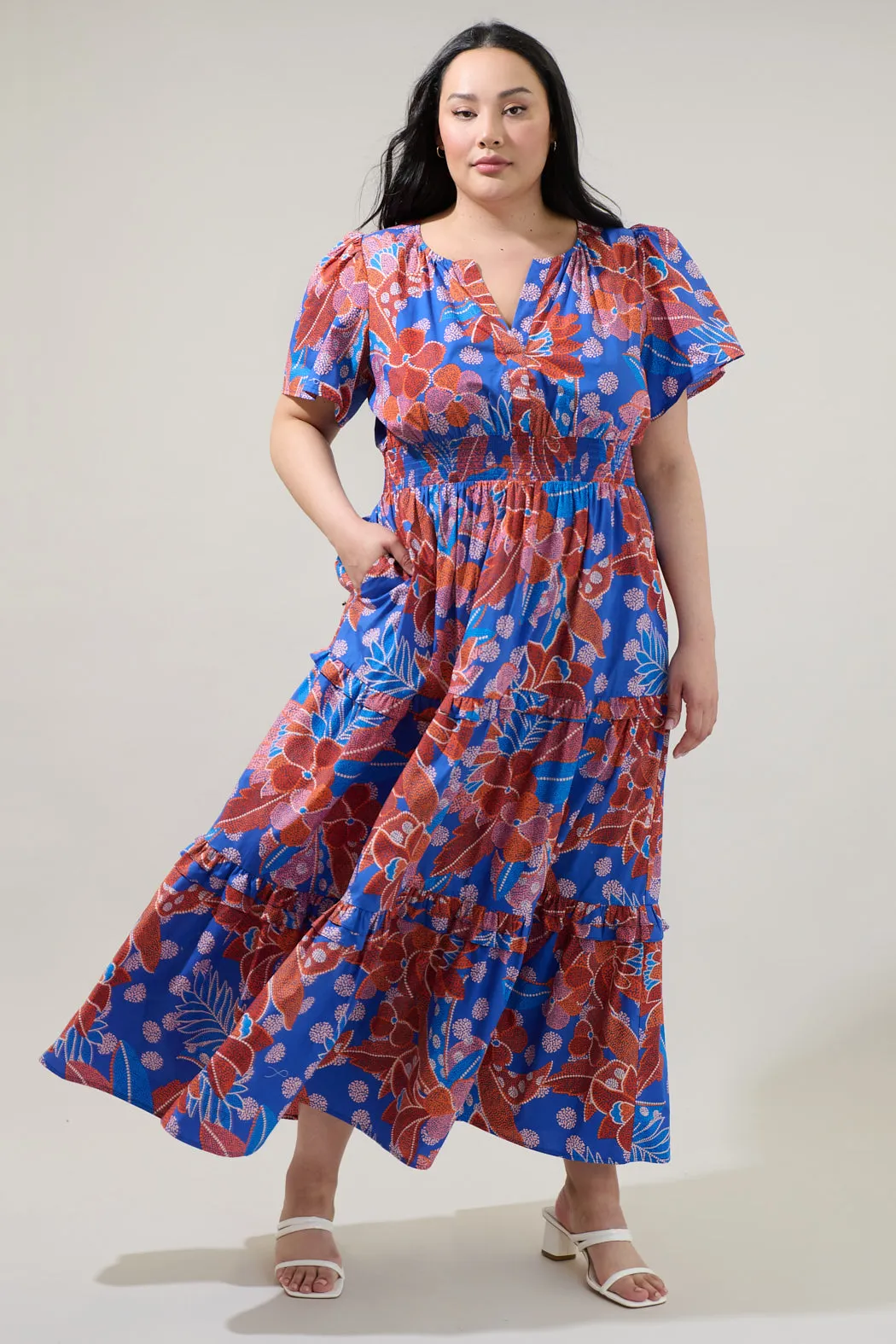 Amazonia Blue Floral Palmer Poplin Tiered Maxi Dress Curve sold by Sugarlips