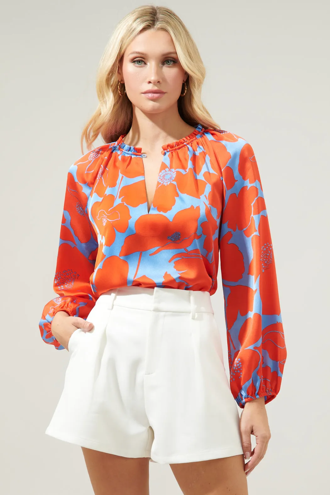 Poppy Floral Jovie Split Neck Satin Raglan Blouse sold by Sugarlips