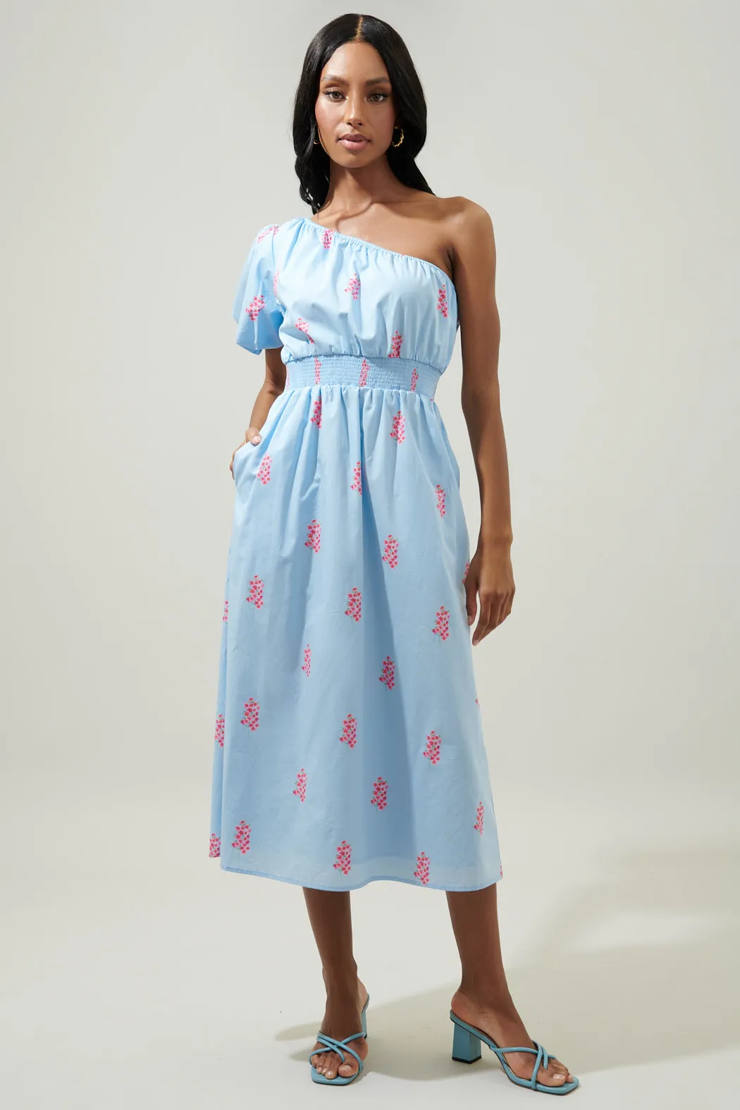 Gelato Floral Bridgette One Shoulder Midi Dress sold by Sugarlips