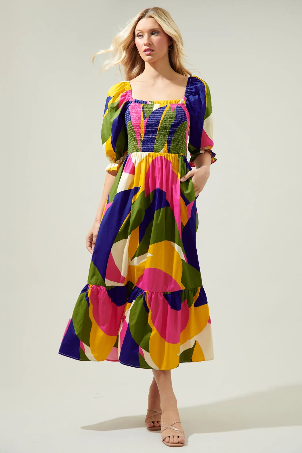 Rio Abstract Simone Poplin Smocked Maxi Dress sold by Sugarlips