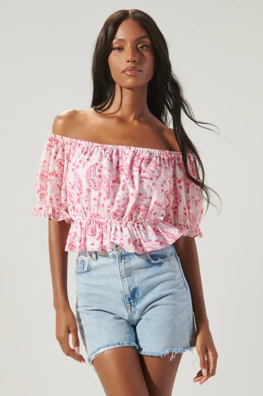Corinna Paisley Edith Off the Shoulder Ruffle Top sold by Sugarlips