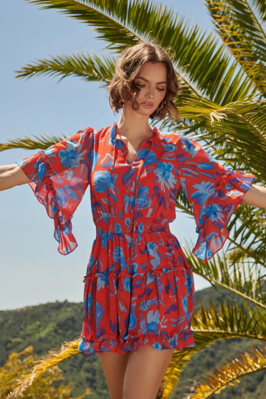 Mazie Floral Amorcito Bell Sleeve Mini Dress sold by Sugarlips