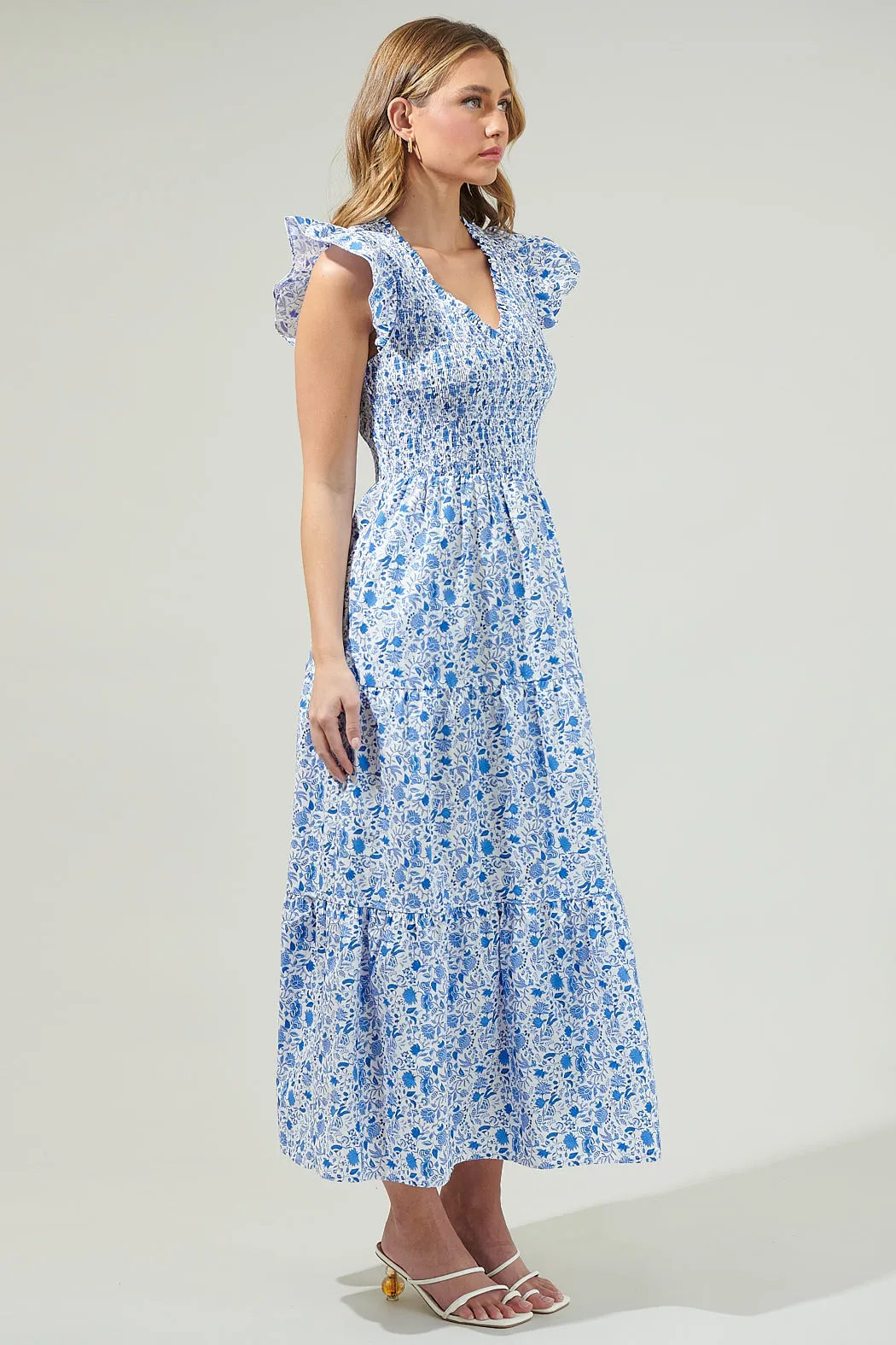 Luray Floral Sunfire Smocked Bodice Tiered Midi Dress sold by Sugarlips product image thumbnail 4