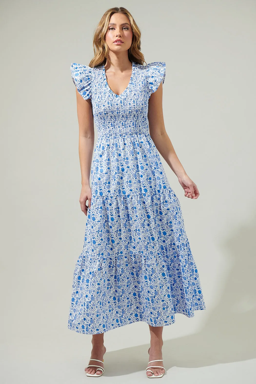 Luray Floral Sunfire Smocked Bodice Tiered Midi Dress sold by Sugarlips product image thumbnail 5