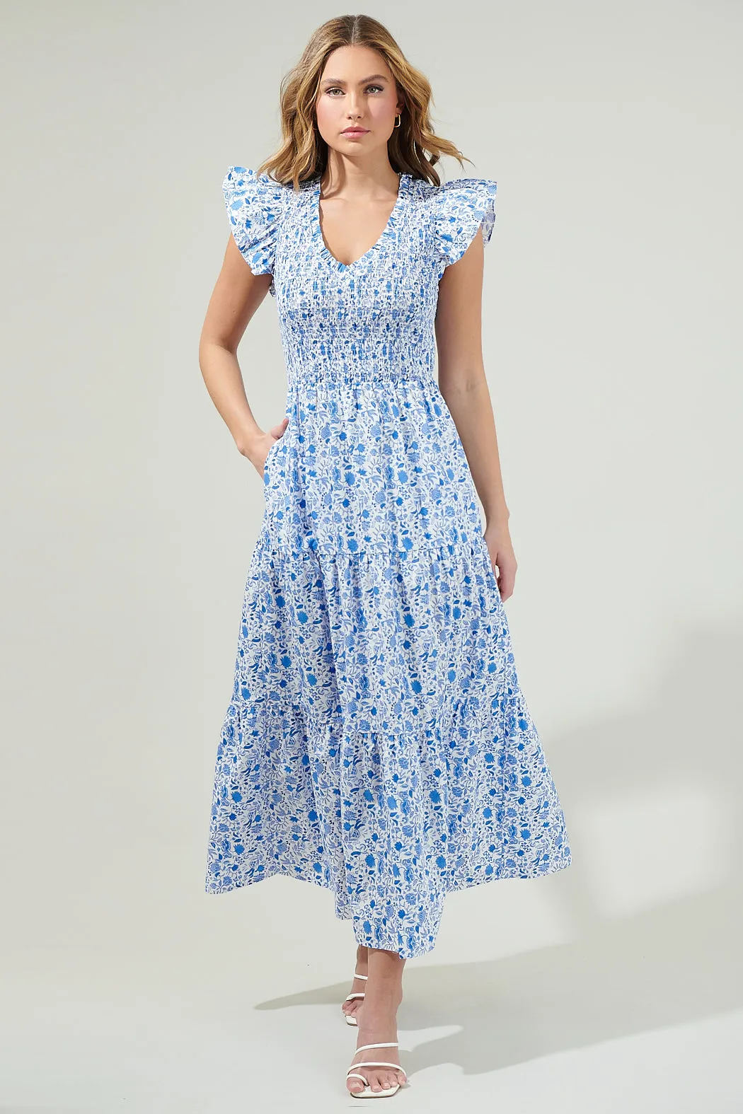 Luray Floral Sunfire Smocked Bodice Tiered Midi Dress sold by Sugarlips product image thumbnail 2