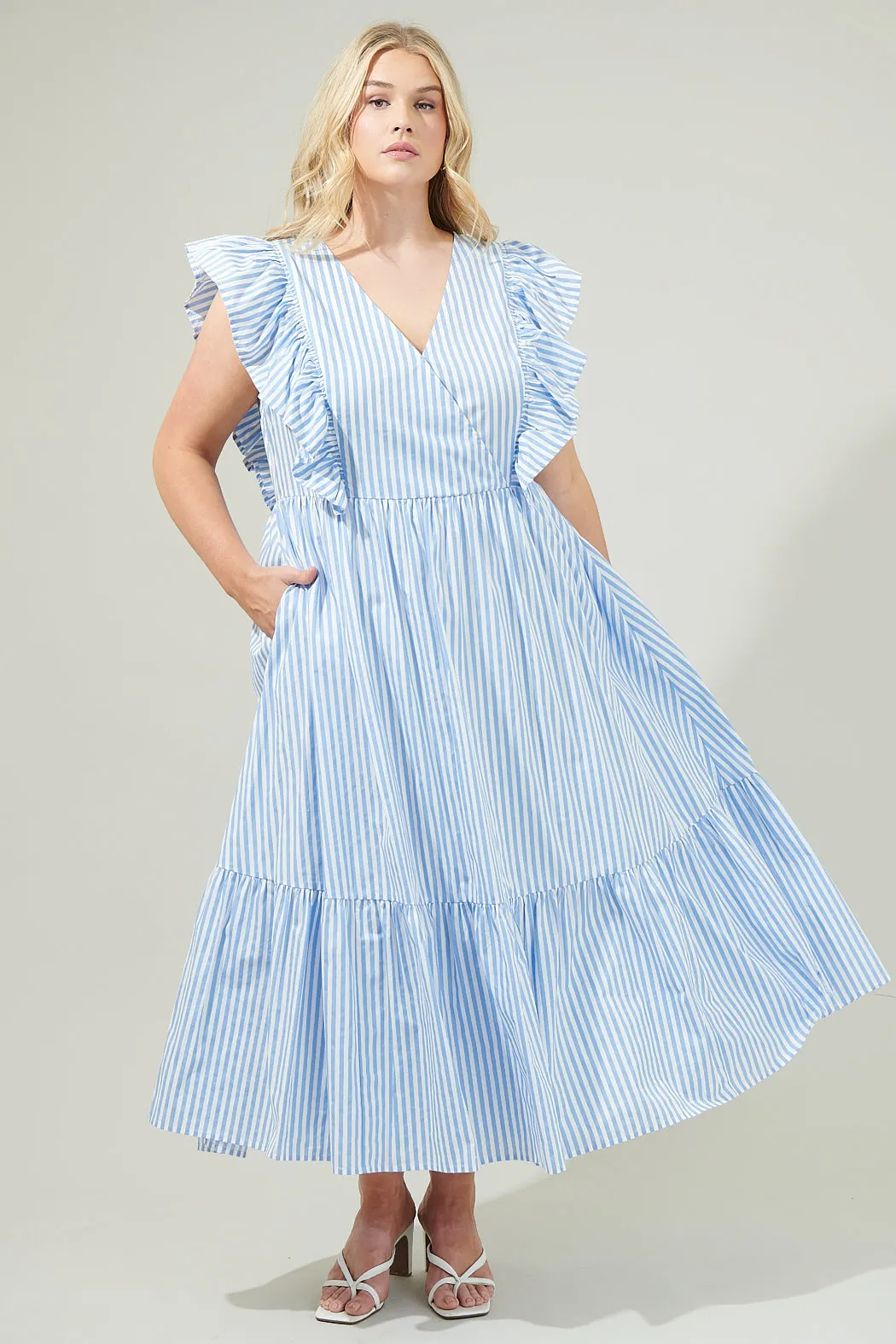 Striped Fairness Poplin Surplice Midi Dress Curve sold by Sugarlips