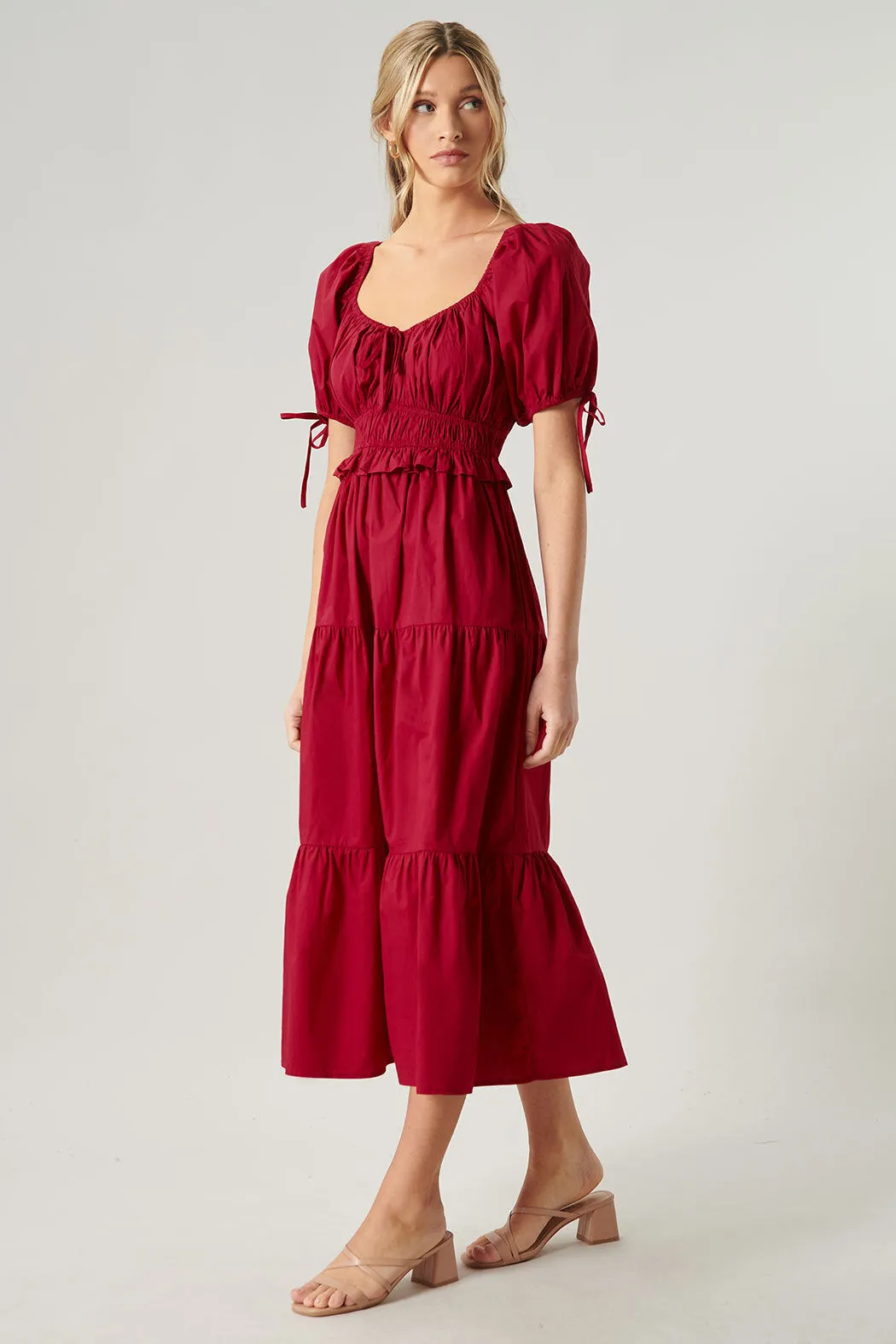 Maribeth Poplin Puff Sleeve Tiered Midi Dress sold by Sugarlips product image thumbnail 3