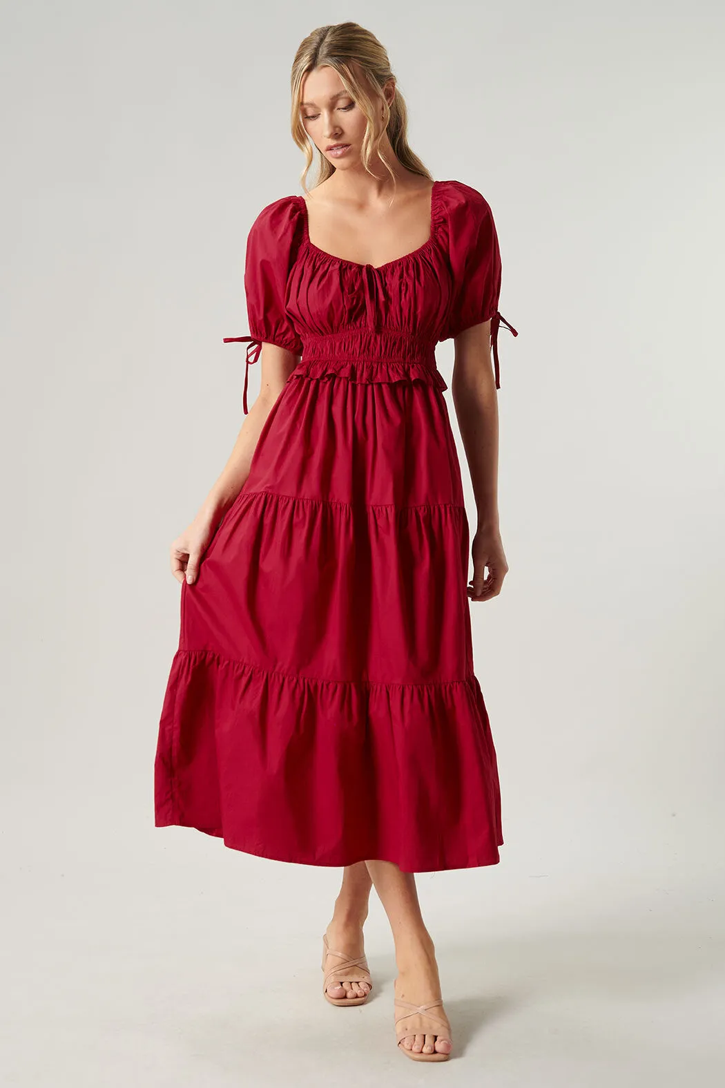 Maribeth Poplin Puff Sleeve Tiered Midi Dress sold by Sugarlips product image thumbnail 2