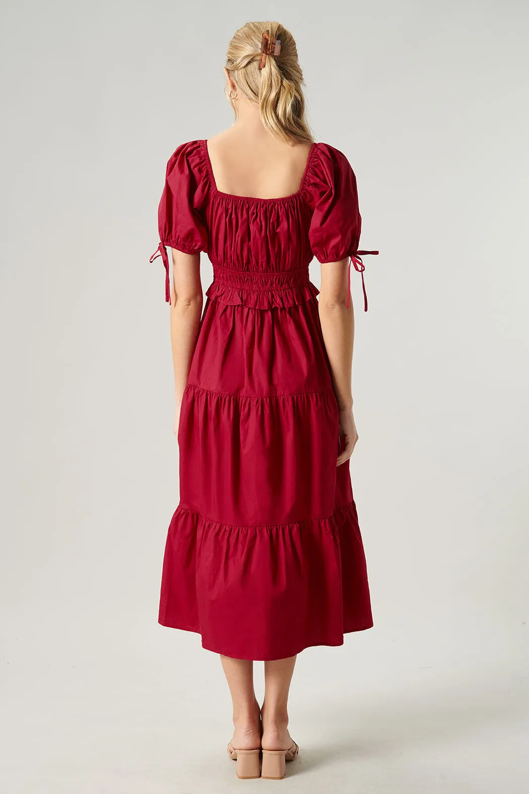 Maribeth Poplin Puff Sleeve Tiered Midi Dress sold by Sugarlips product image thumbnail 4