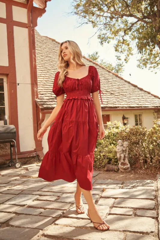 Maribeth Poplin Puff Sleeve Tiered Midi Dress sold by Sugarlips