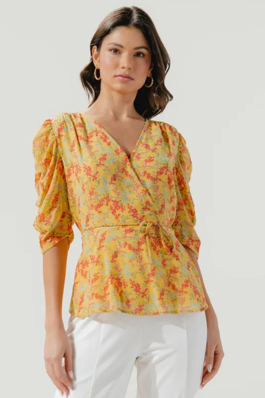 Giana Floral Surplice Ruched Sleeve Blouse sold by Sugarlips