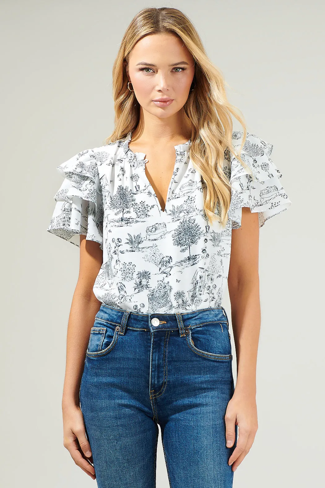 Renzo Toile Ruffle Blouse sold by Sugarlips