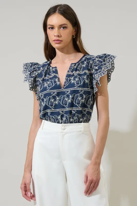 Ash Floral Eyelet Ana Split Neck Top sold by Sugarlips