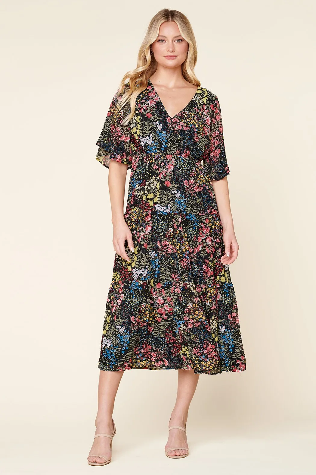 High Hopes Floral Flouncy Sleeve Tiered Maxi Dress sold by Sugarlips