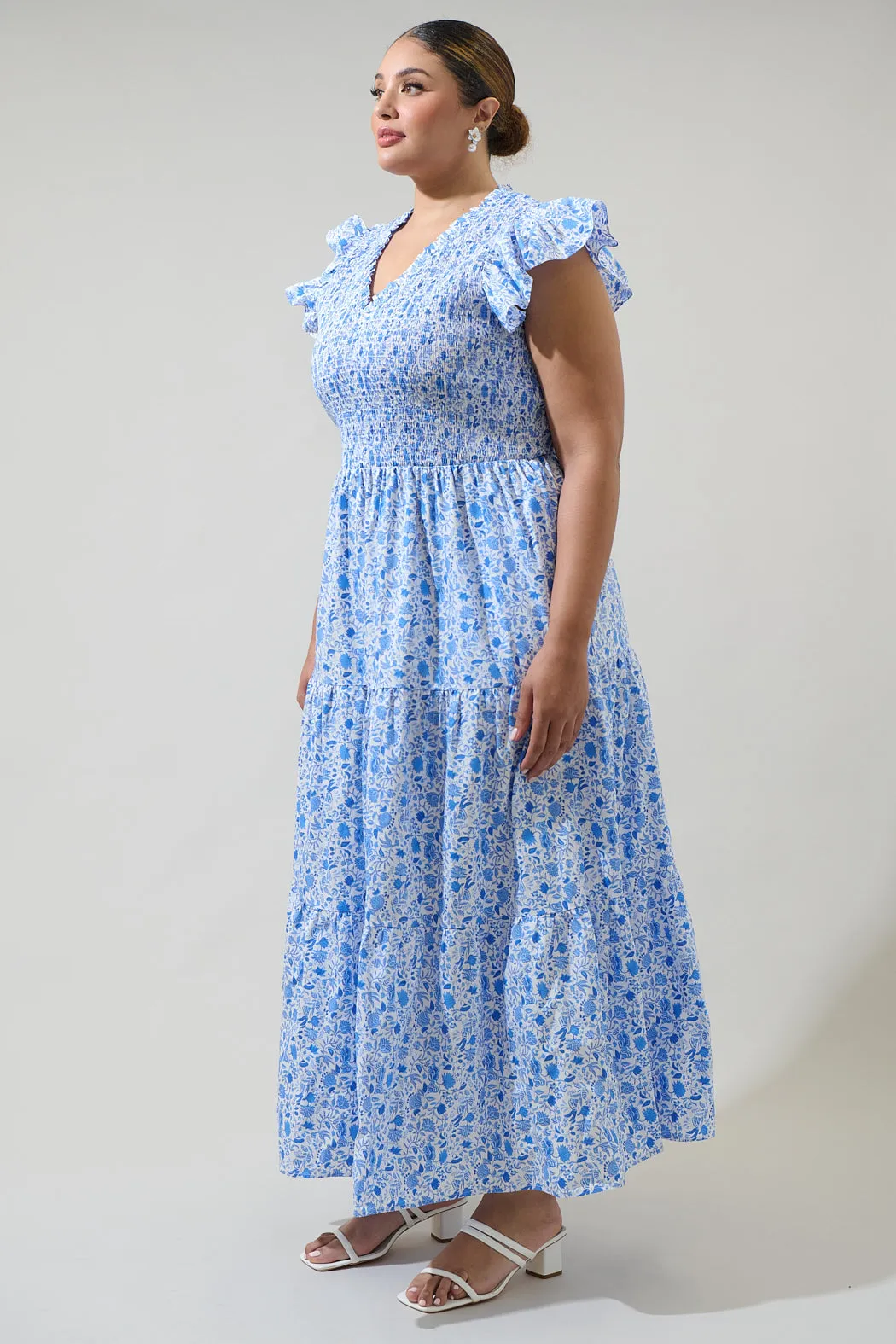 Luray Floral Sunfire Smocked Bodice Tiered Midi Curve Dress sold by Sugarlips product image thumbnail 3
