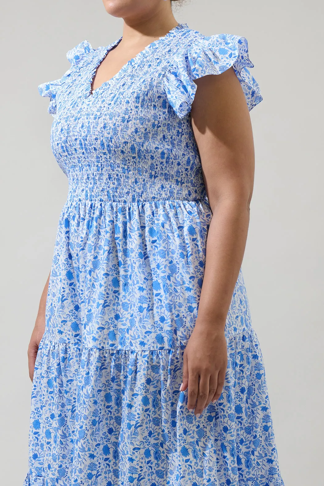 Luray Floral Sunfire Smocked Bodice Tiered Midi Curve Dress sold by Sugarlips product image thumbnail 4