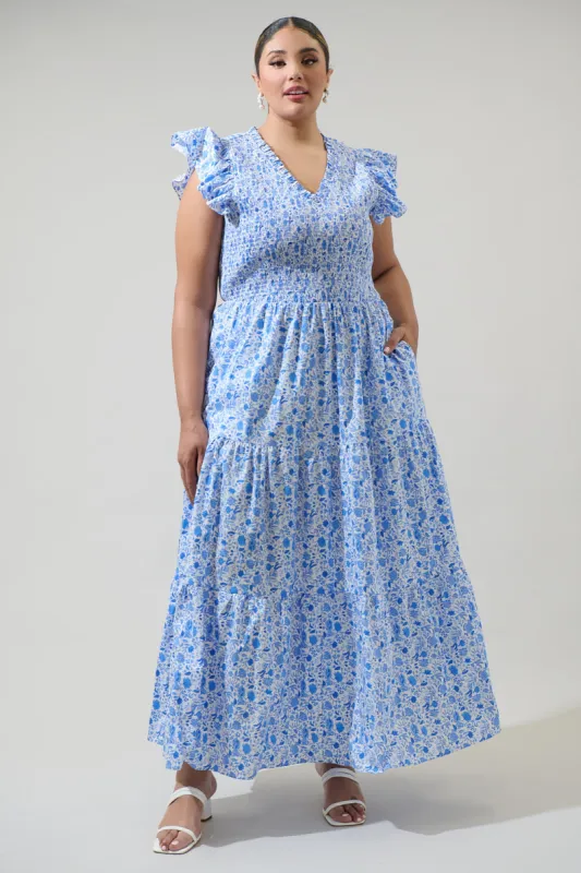 Luray Floral Sunfire Smocked Bodice Tiered Midi Curve Dress sold by Sugarlips