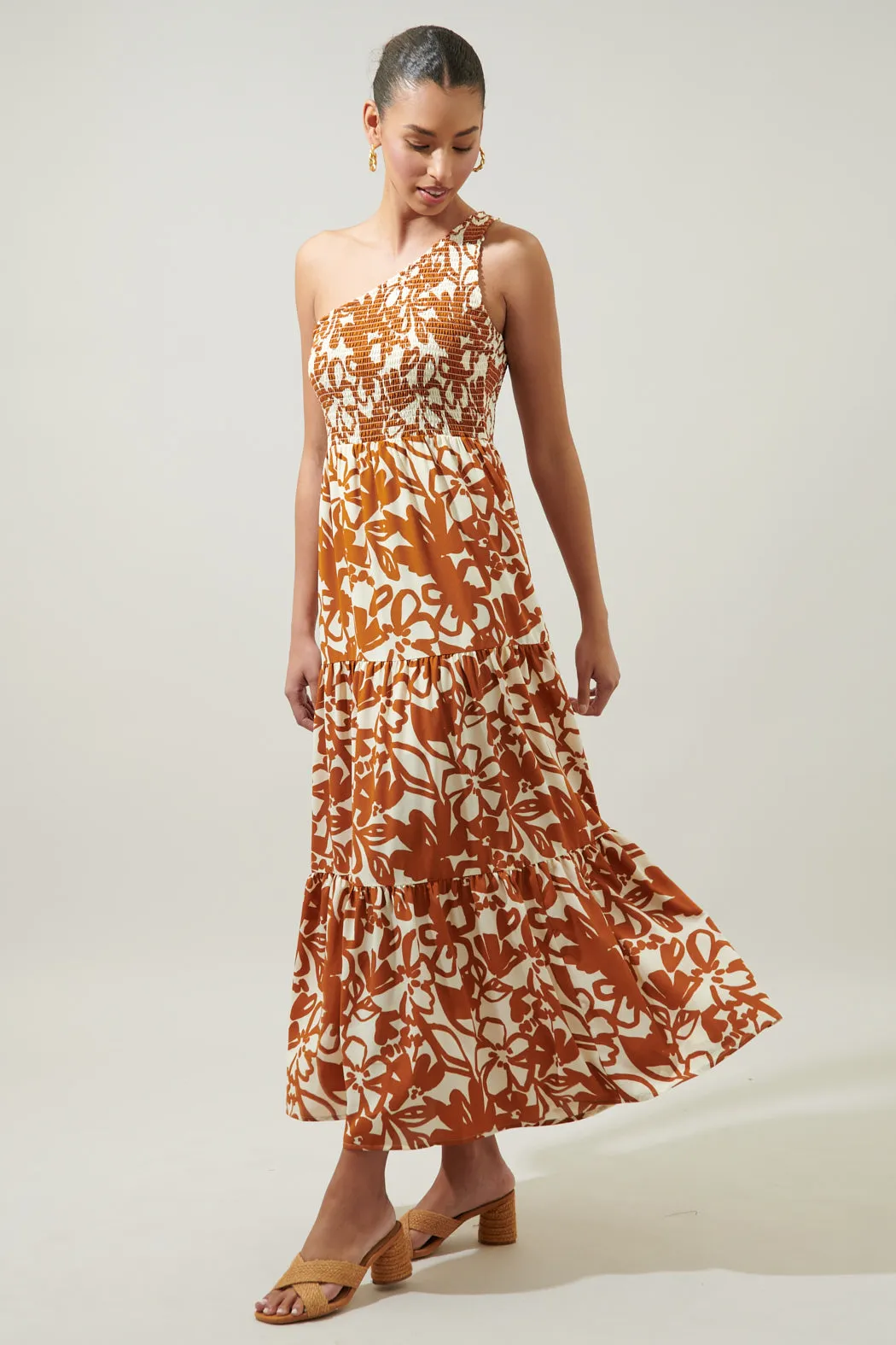 Marida Caramel Floral Smocked One Shoulder Lys Maxi Dress sold by Sugarlips product image thumbnail 4