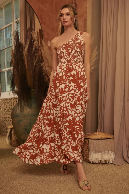 Marida Caramel Floral Smocked One Shoulder Lys Maxi Dress sold by Sugarlips