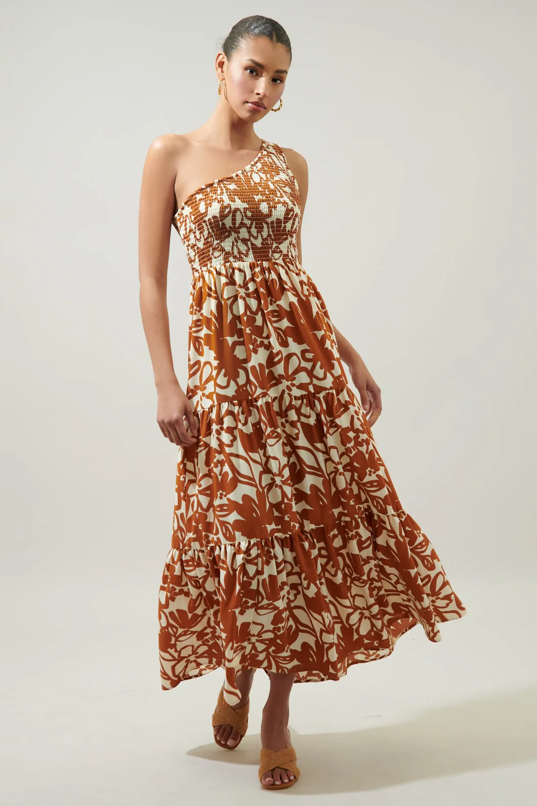 Marida Caramel Floral Smocked One Shoulder Lys Maxi Dress sold by Sugarlips product image thumbnail 5