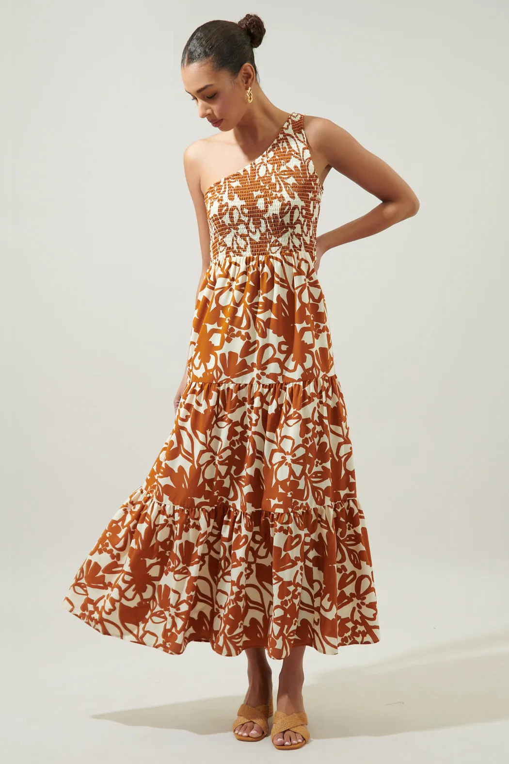 Marida Caramel Floral Smocked One Shoulder Lys Maxi Dress sold by Sugarlips product image thumbnail 2