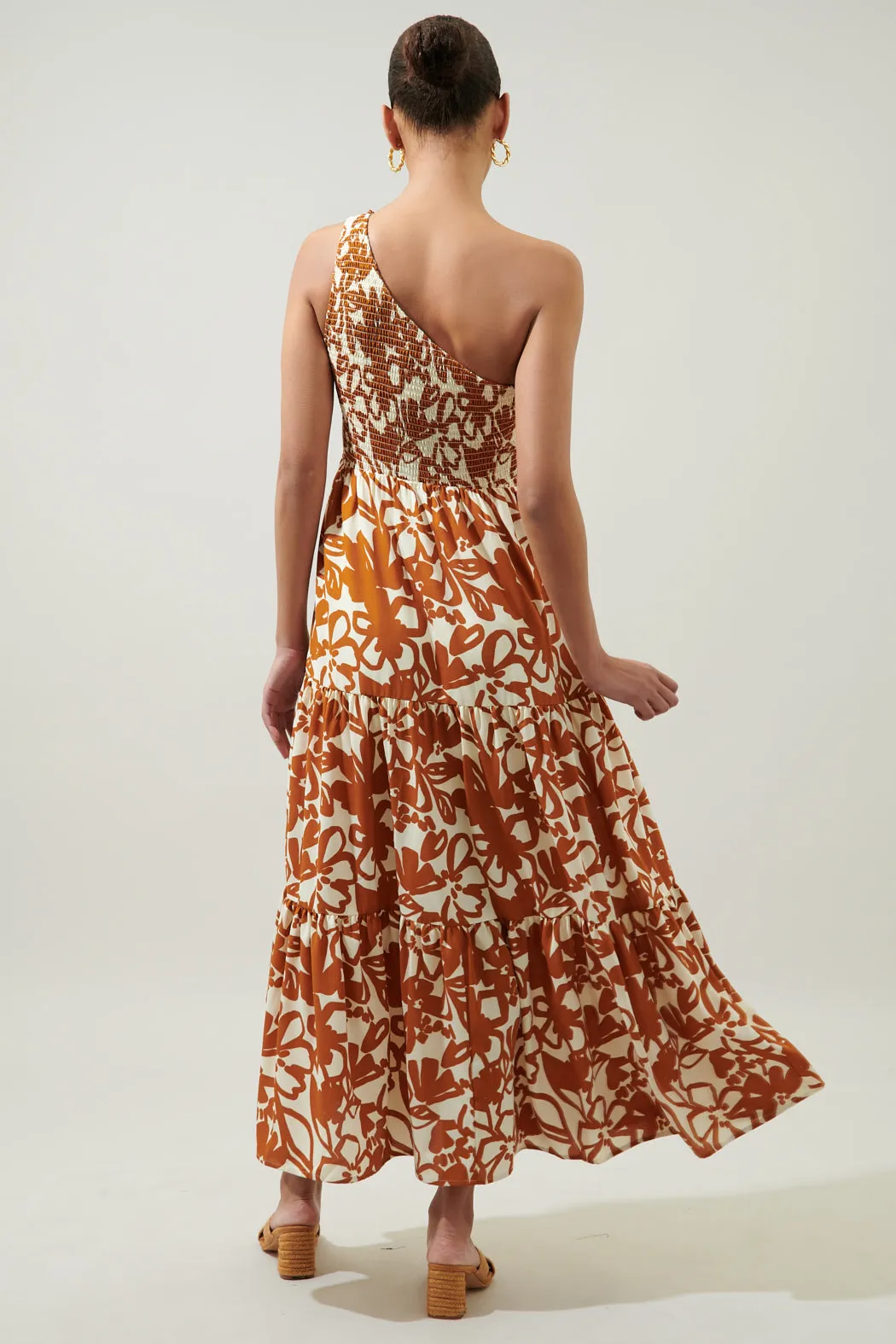 Marida Caramel Floral Smocked One Shoulder Lys Maxi Dress sold by Sugarlips product image thumbnail 3