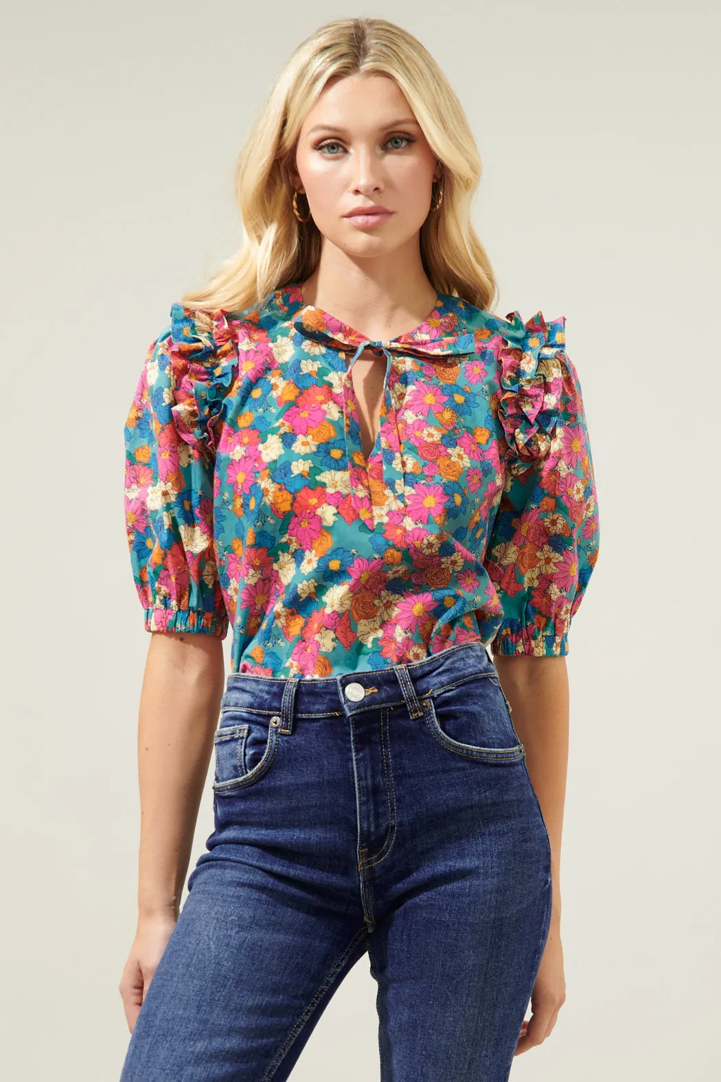 Marvie Floral Noche Tie Neck Blouse sold by Sugarlips