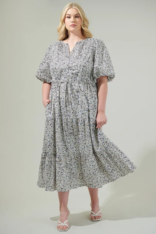 Heath Floral Balloon Sleeve Tiered Midi Dress Curve sold by Sugarlips