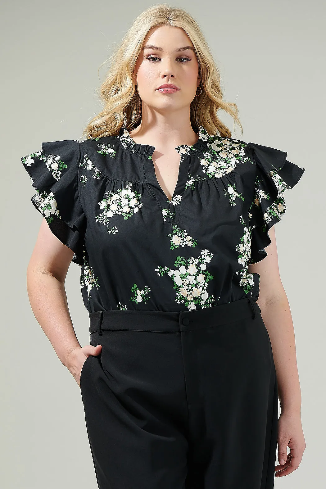 Emery Floral Split Neck Top Curve sold by Sugarlips