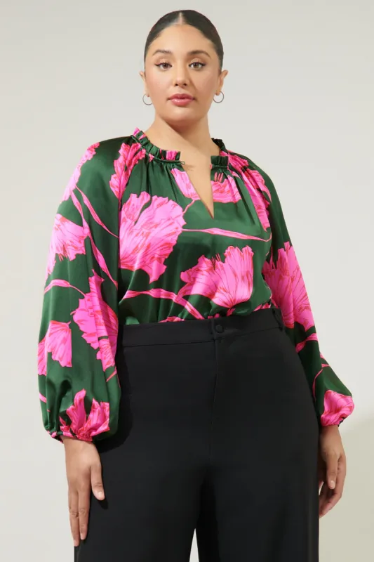 Eartha Floral Jovie Split Neck Satin Raglan Blouse Curve sold by Sugarlips