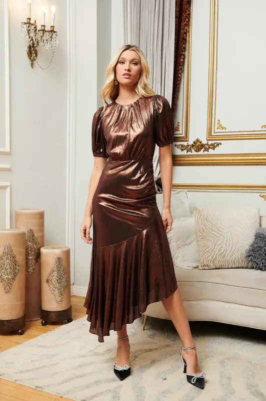 Rina Metallic Asymmetrical Maxi Dress sold by Sugarlips