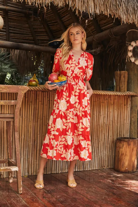 Lilo Tropics Hacienda Puff Sleeve Midi Dress sold by Sugarlips
