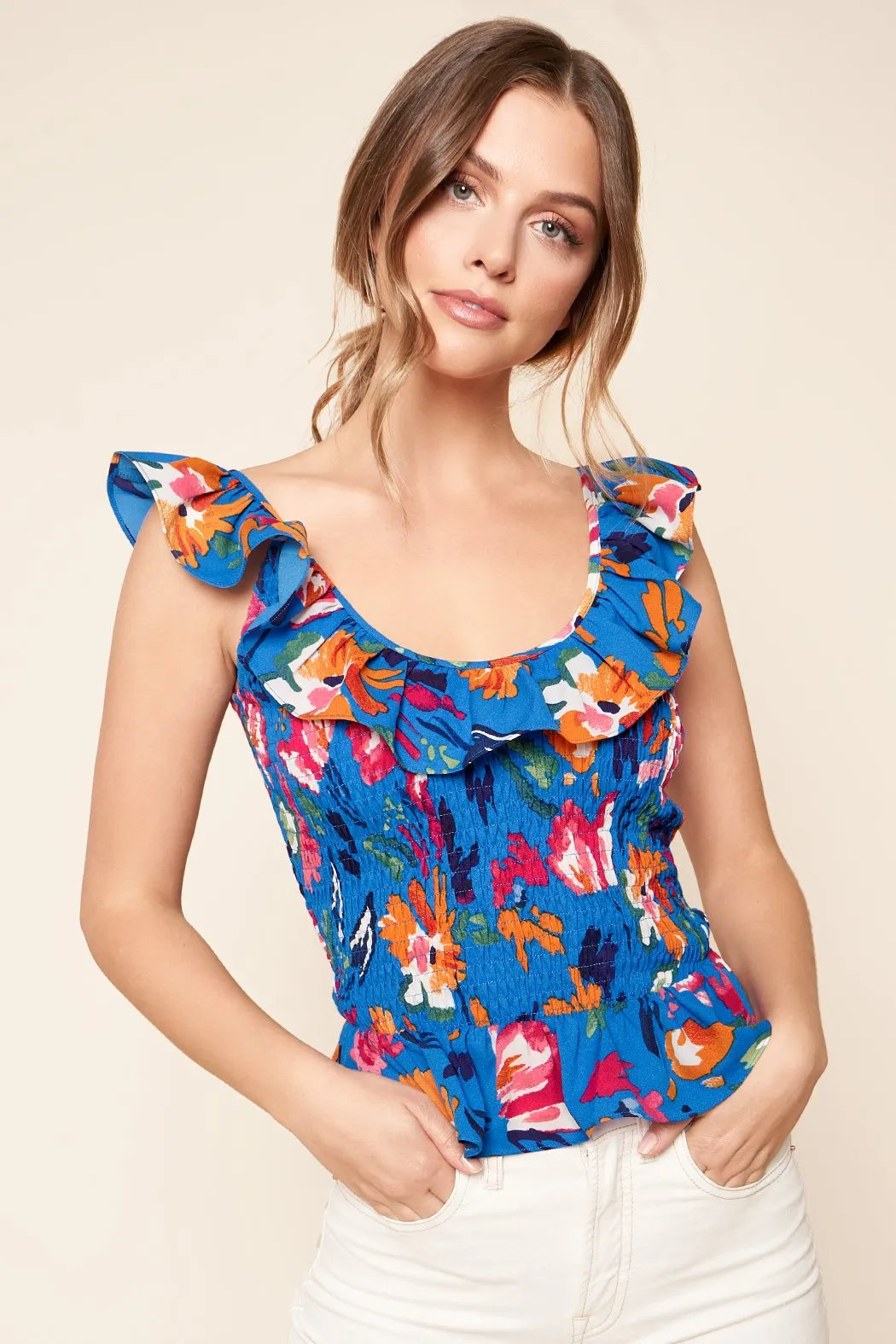 Floral Strokes Smocked Ruffle Tank Top sold by Sugarlips