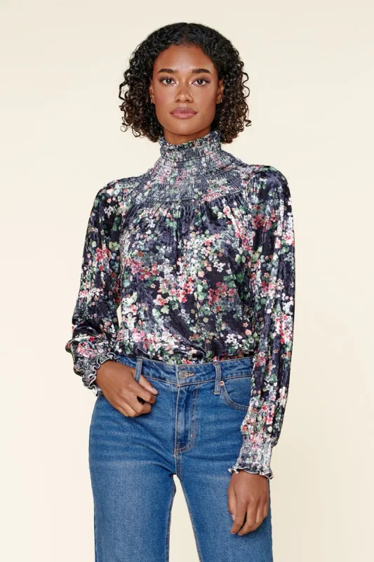 Nori Floral Velvet Smocked Top sold by Sugarlips