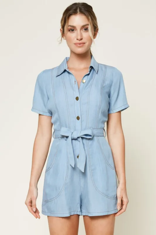Arizona Chambray Button Down Romper sold by Sugarlips